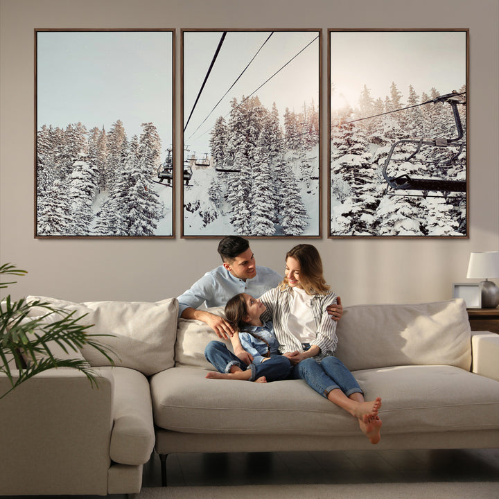 91534512-MGV-FC-60X30-3P_Walnut-Frosty Pines Wall Art Canvas Print, Framed Cozy Cabin View Art Picture Print, Ski Lift Ride Perfect Rustic Lodge Decor Artwork