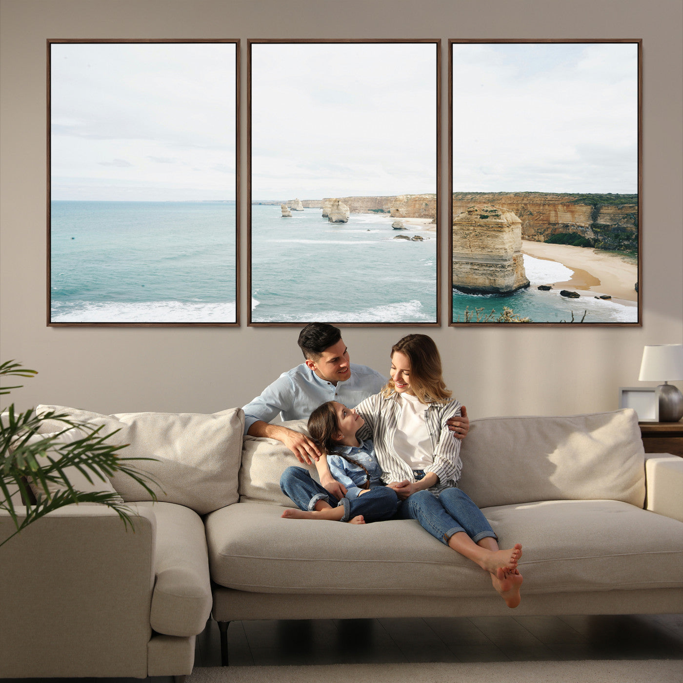 70095633-MGV-FC-60X30-3P_Walnut-Twelve Apostles Wall Art Canvas Print, Framed Coastal Cliffs Art Picture Print, Rugged Rock Formations Perfect Minimalist Coastal Decor