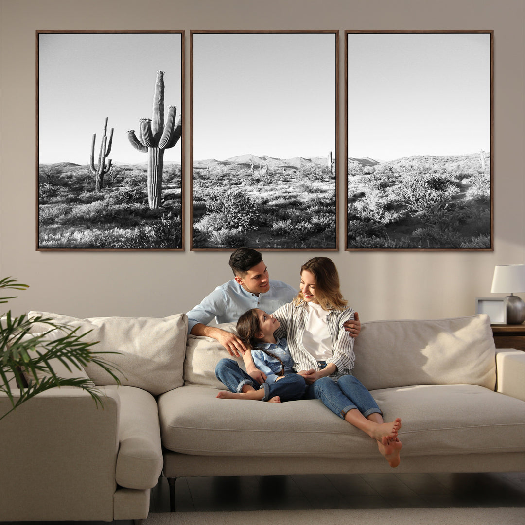 Saguaro Cactus Wall Art Canvas Print, Monochrome Landscape Print, Framed Scenic Arizona Art Print, Large Timeless Western Aesthetic Printing