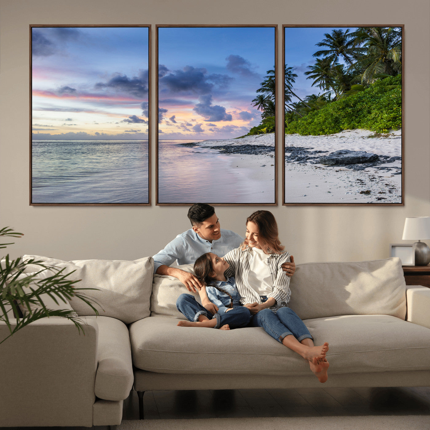 MGV-FC-60X30-3P - Tropical Beach Wall Art Canvas Print, Framed Sunset Glow Art Picture Print, Palm Tree Coast Perfect Tropical Coastal Decor Artwork