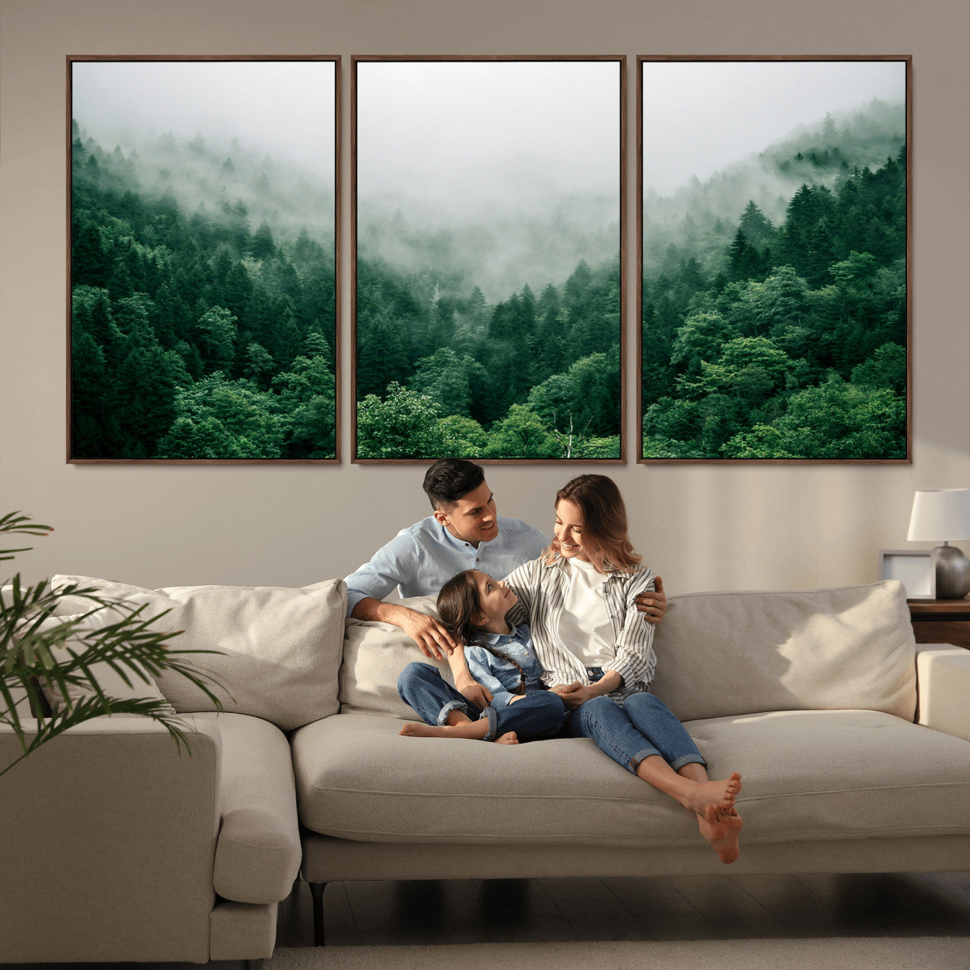 MGV-FC-60X30-3P - Misty Green Forest Canvas Print – Serene Foggy Pine Landscape Wall Art, Tranquil Nature Decor for