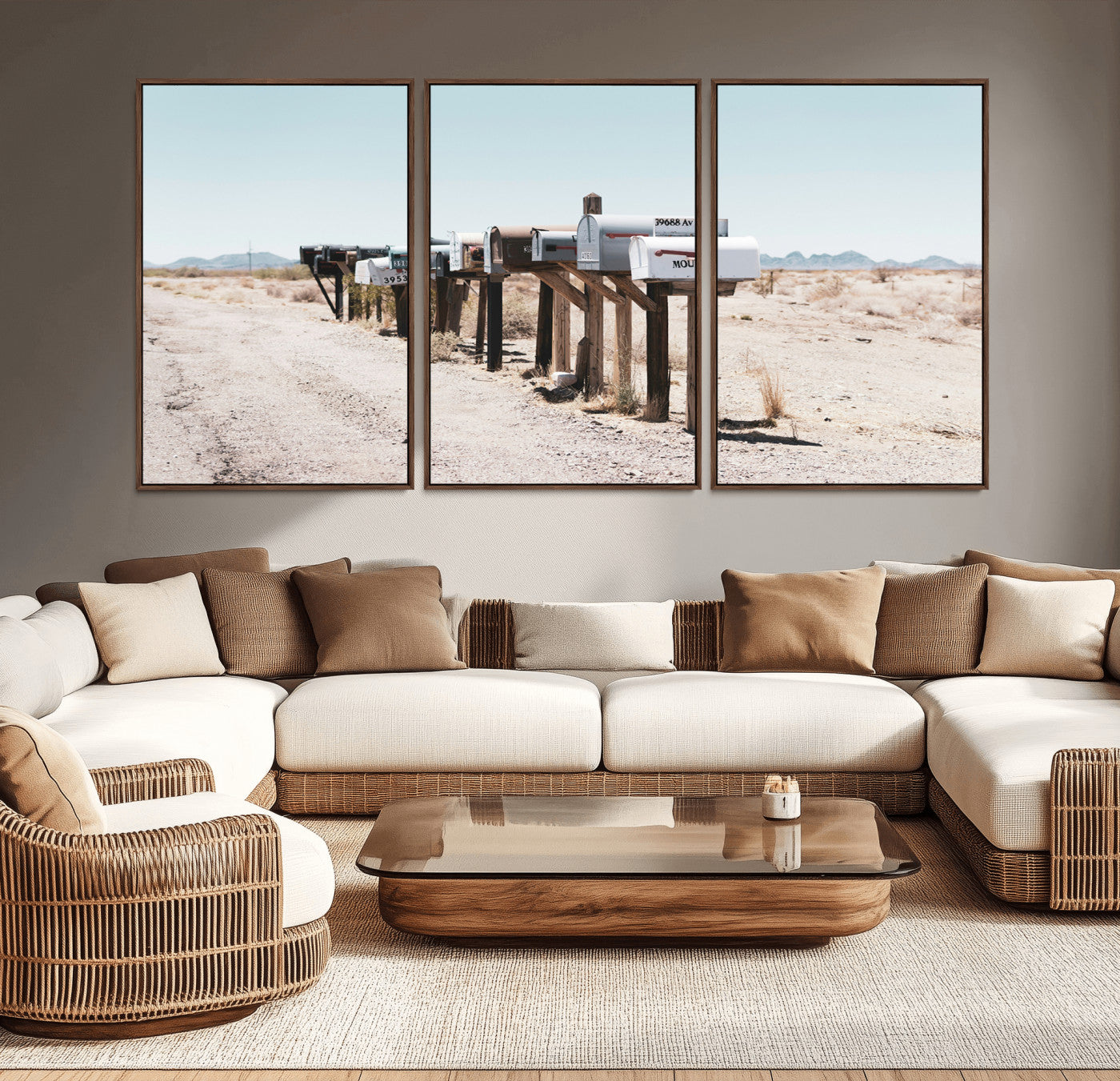 MGV-FC-60X30-3P - Desert Mailboxes Canvas Print – Minimal Western Landscape Photography, Rustic Americana Wall Art for
