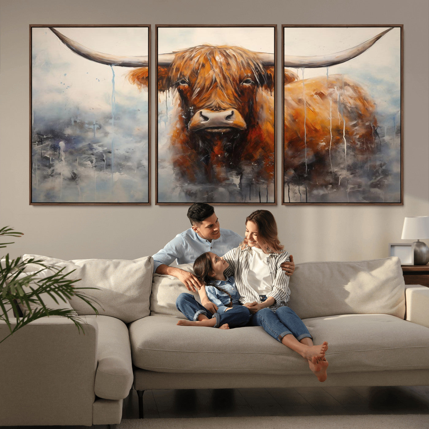 MGV-FC-60X30-3P - Scottish Highland Wall Art Canvas Print, Framed Longhorn Art Picture Print, Western Cow Perfect Farmhouse Decor Artwork