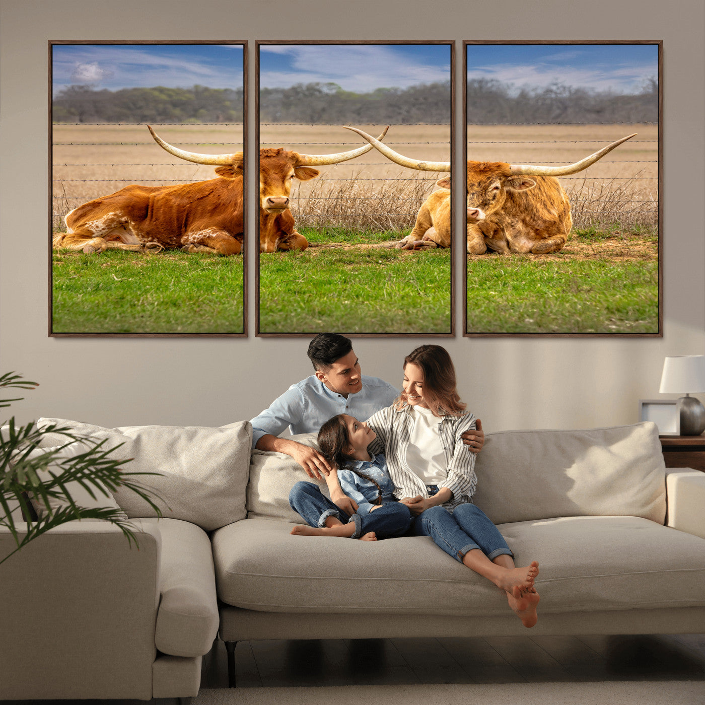 MGV-FC-60X30-3P - Texas Longhorn Pair Wall Art Canvas Print – Peaceful Rustic Ranch Scene with Two Cattle in Field,