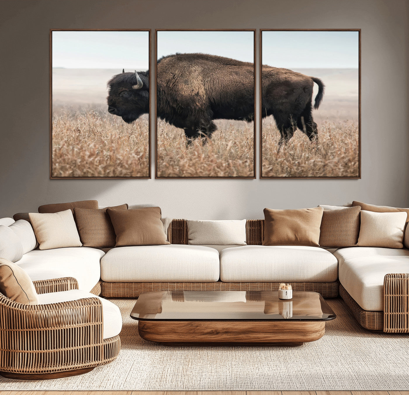 69909079-MGV-CV-36X24-American Bison Field Wall Art Canvas Print – Majestic Buffalo Grazing Wide Open Plains Wildlife Artwork for Home, Office