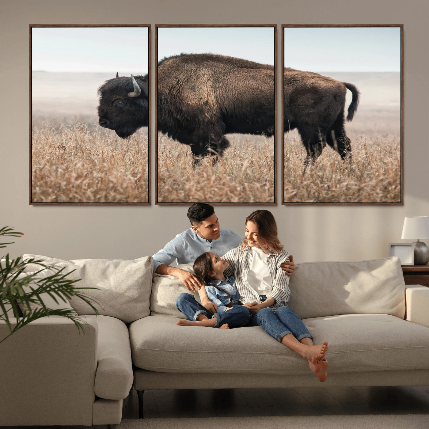 MGV-FC-60X30-3P - American Bison in Field  Wall Art Canvas Print – Powerful Winter Wildlife Scene with Buffalo in