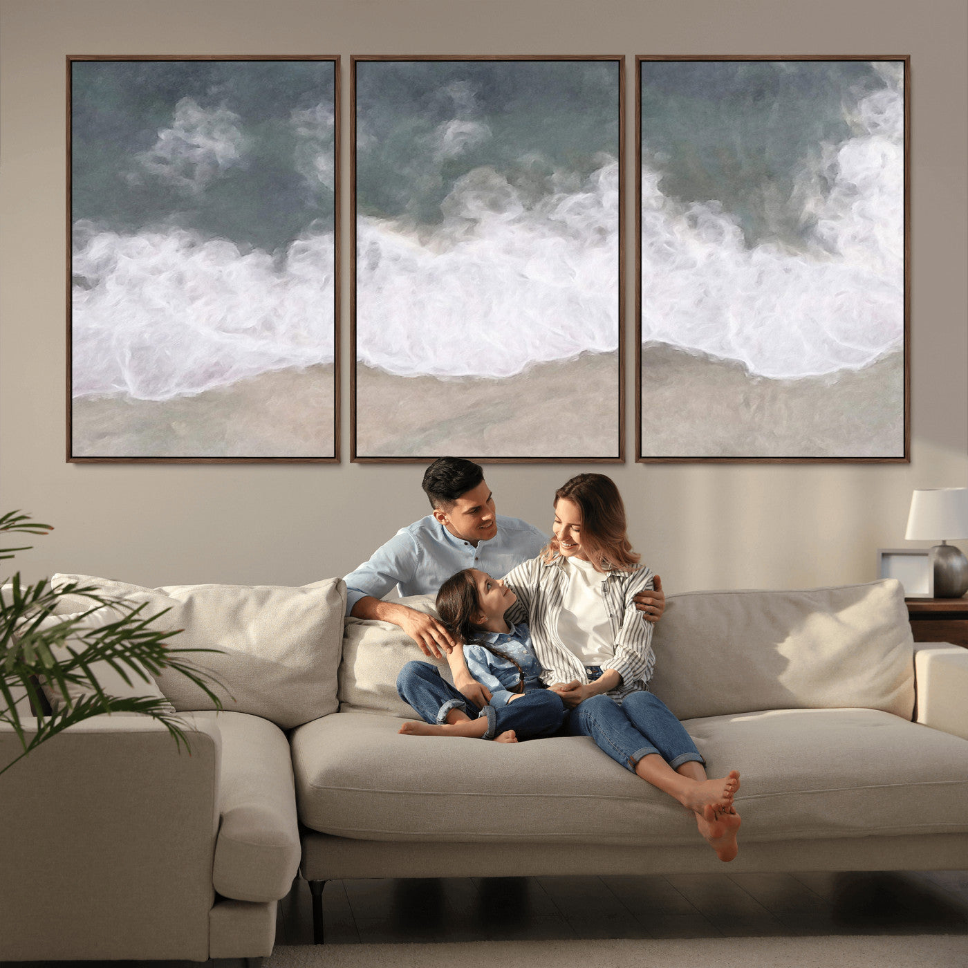 Wall art canvas print featuring foamy ocean waves softly rolling onto a sandy shore with a dreamy, painterly texture.
