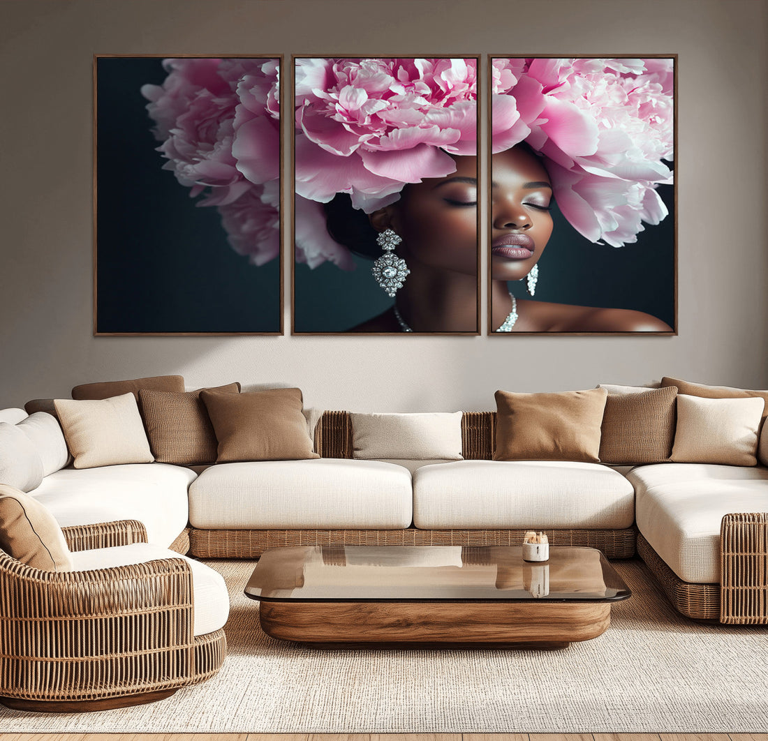 Black Beauty Petal Crown Wall Art Canvas Print, Floral Crown Woman Portrait, Feminine Decor