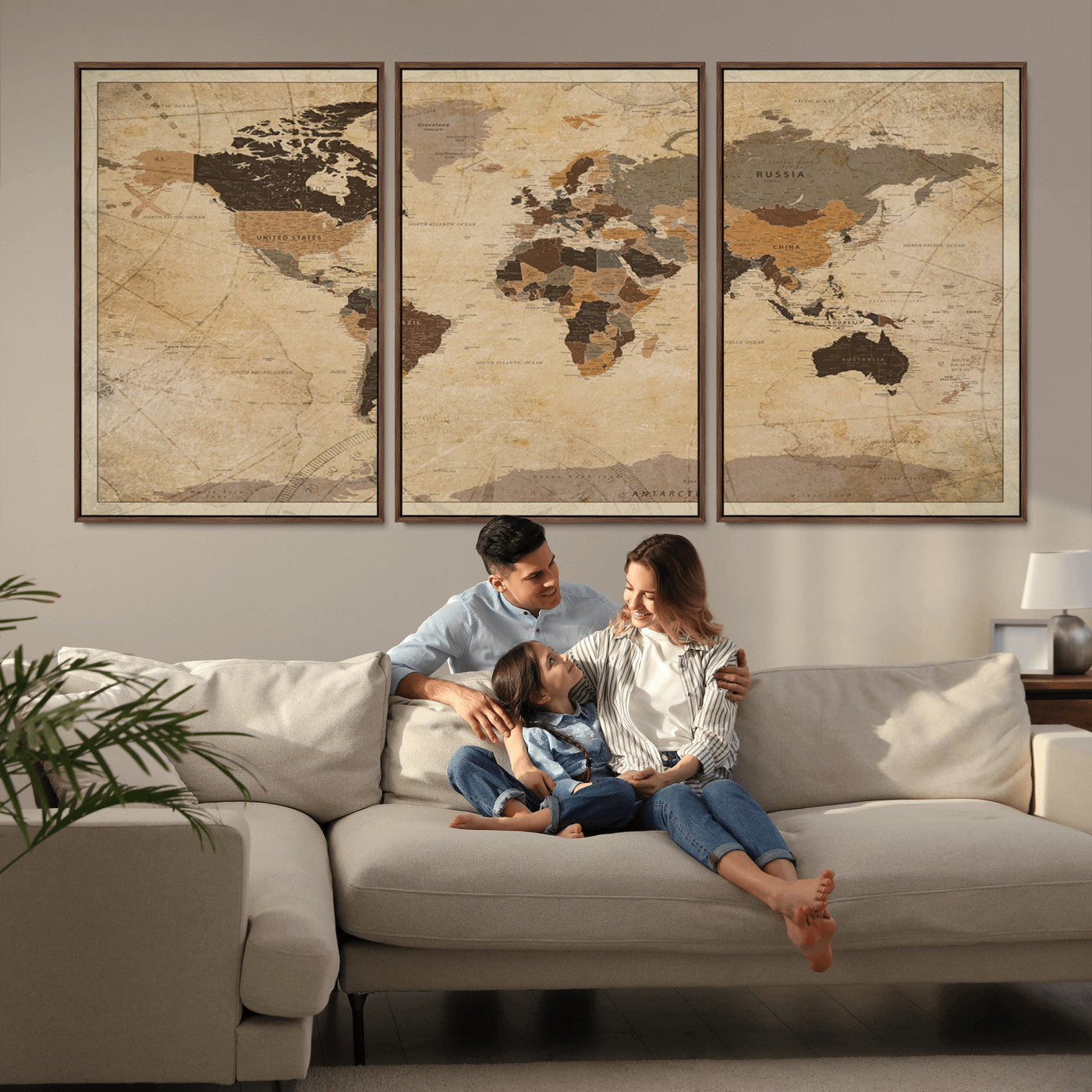 Vintage-style world map with muted brown, beige, and sepia tones, showing countries and continents with a weathered paper texture background.