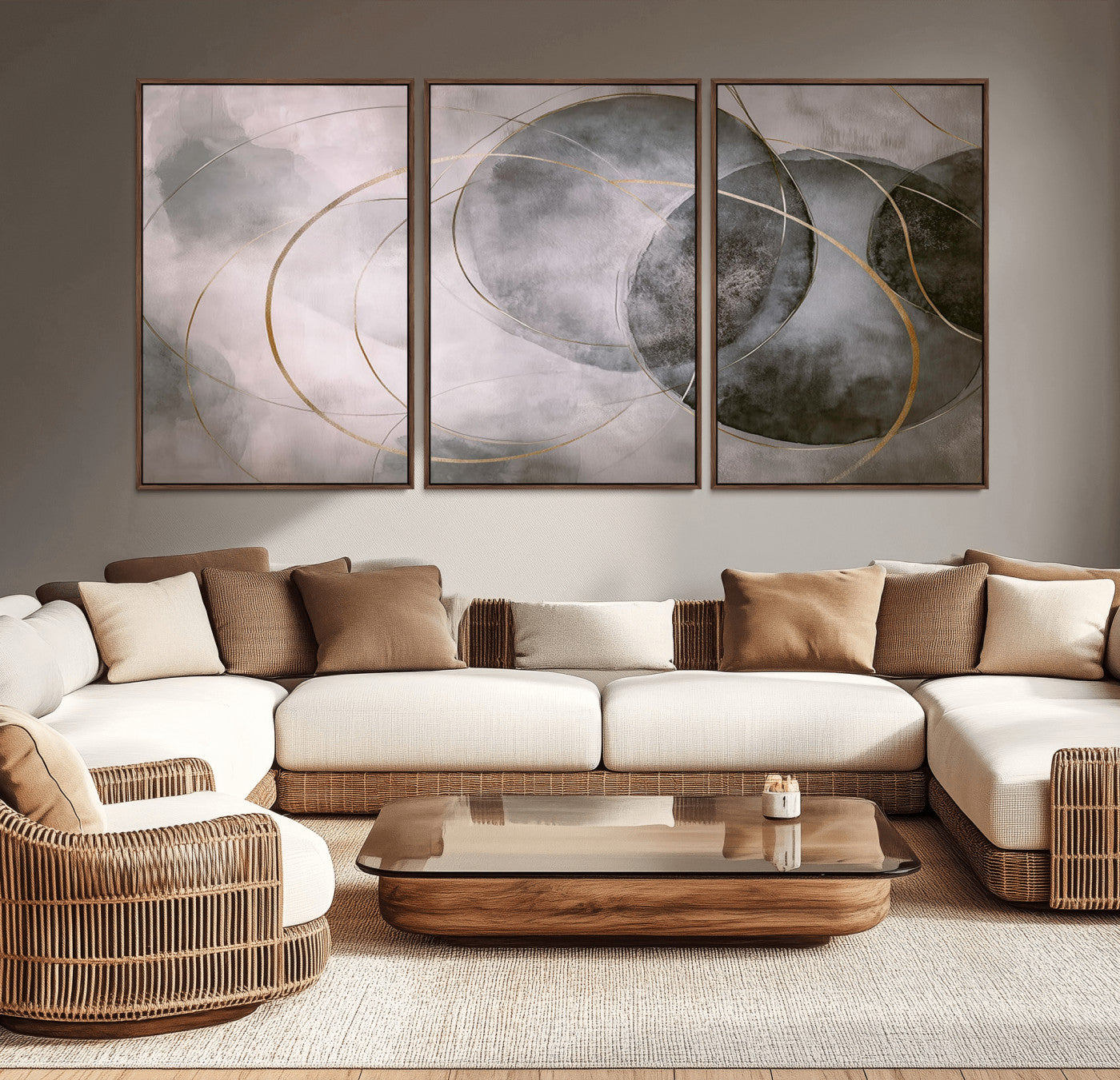 MGV-FC-60X30-3P - Wall Art Canvas Print Abstract Gray Black Gold Circles Soft Texture Modern Minimalist Artistic Home Decor Contemporary Elegant Stylish Unique