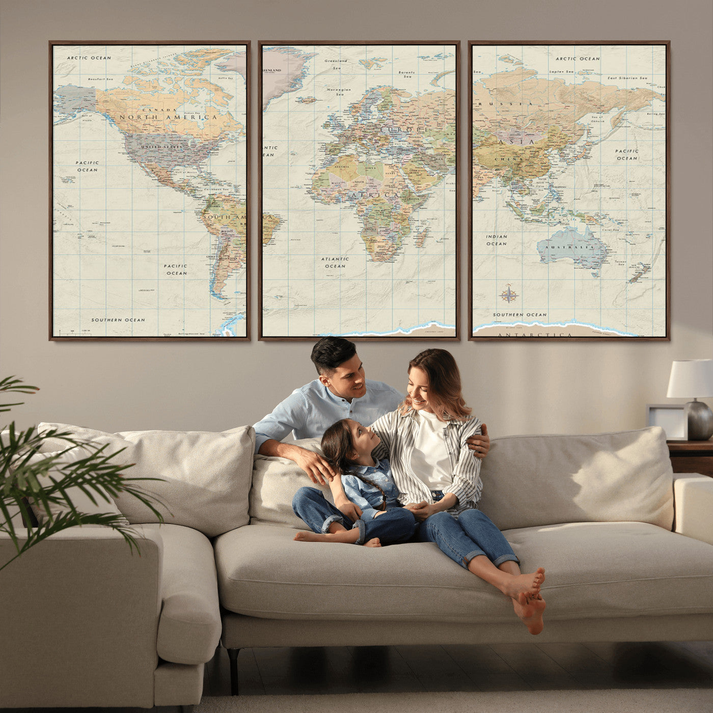 A detailed vintage-style political world map displaying continents, countries, and oceans with clear borders and labels, set on a beige textured background with grid lines.