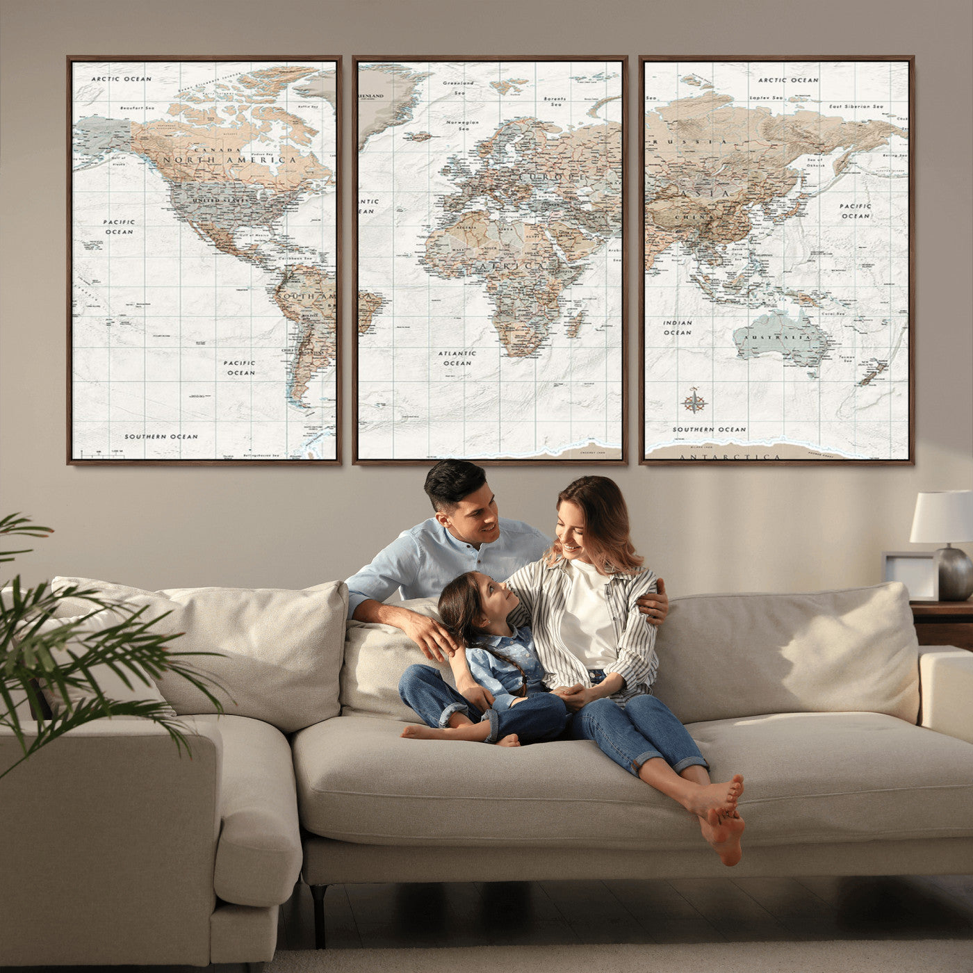 Vintage world map with detailed country borders and labels, featuring soft earthy tones of beige, brown, and gray on a textured parchment background, including oceans, continents, and major cities.