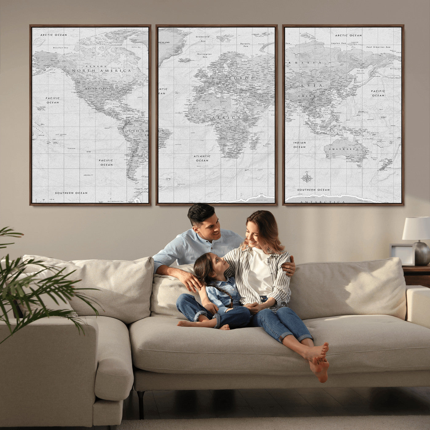Grayscale vintage world map with detailed country borders, oceans, continents, and major cities on a textured parchment background.