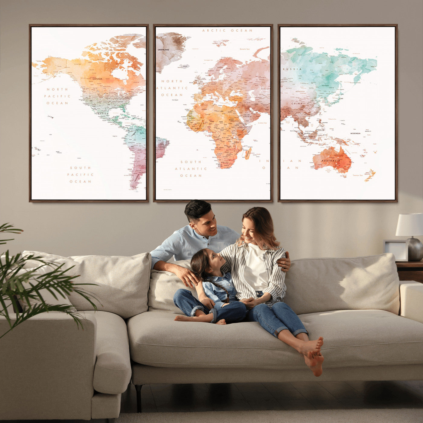 Watercolor world map featuring soft pastel hues in orange, green, blue, and purple on a light background, printed on canvas for vibrant and artistic wall decor.