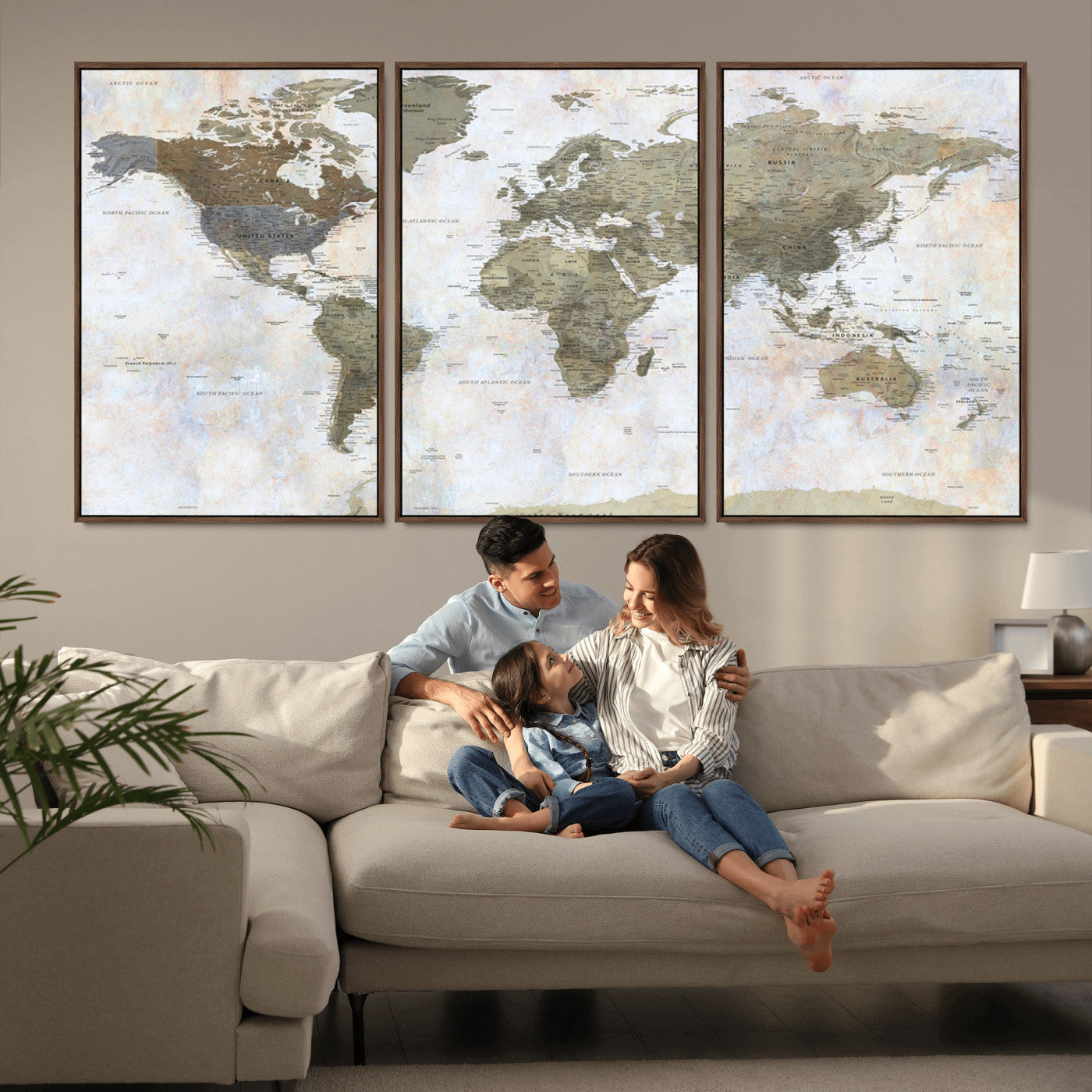 World map printed on a textured canvas with soft muted earth tones and a weathered background, showing detailed countries and continents, perfect for vintage-style wall art.