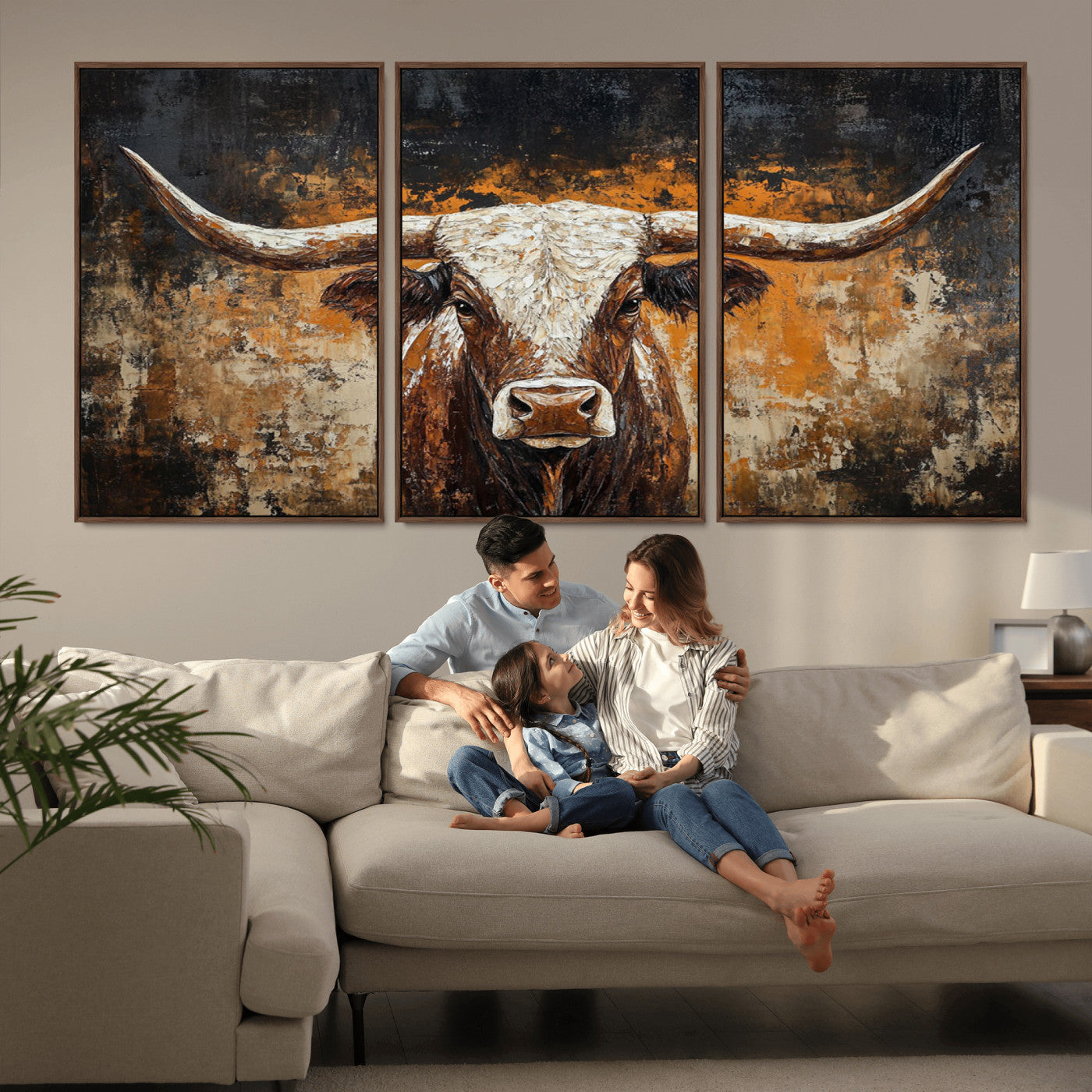 25265572-MGV-FC-60X30-3P_Walnut-Rustic Longhorn Bull Wall Art Canvas Print – Vintage Western Cattle Painting, Texas Steer Artwork for Ranch, Farmhouse or Cowboy Decor