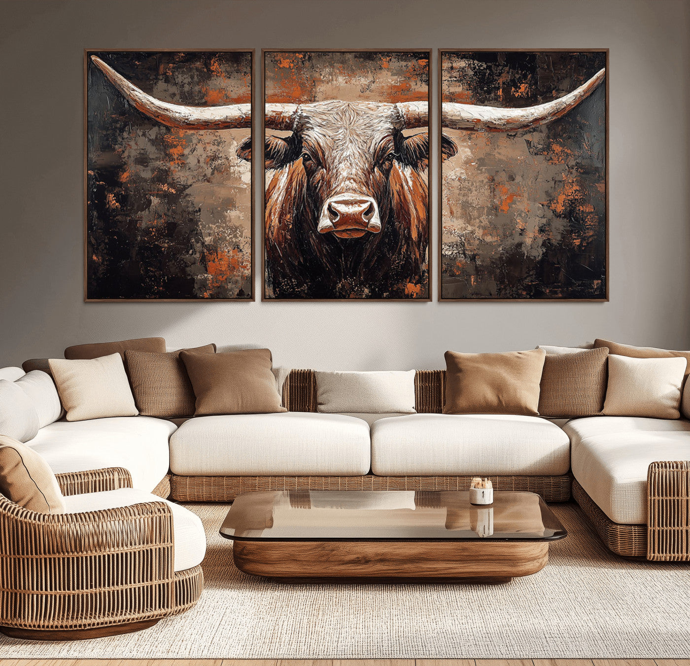 42732393-MGV-CV-36X24-Rustic Longhorn Bull Wall Art Canvas Print – Vintage Western Cattle Scene, Texas Steer Artwork for Home, Office