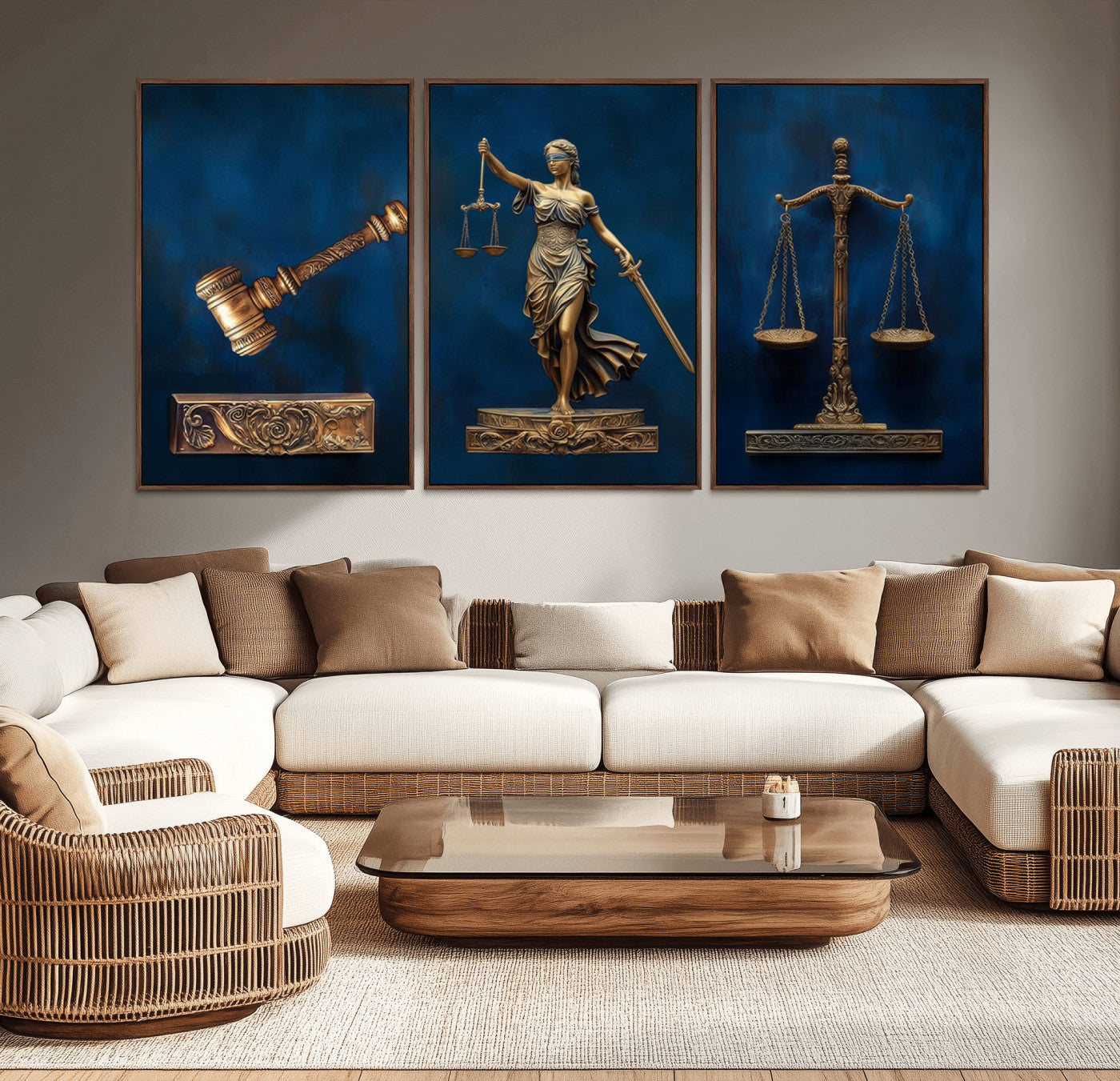 91629053-MGV-CV-36X24-Lady Justice Wall Art Canvas Print – Elegant Gold Legal Symbols Blue Background Artwork for Home, Office, Living Room