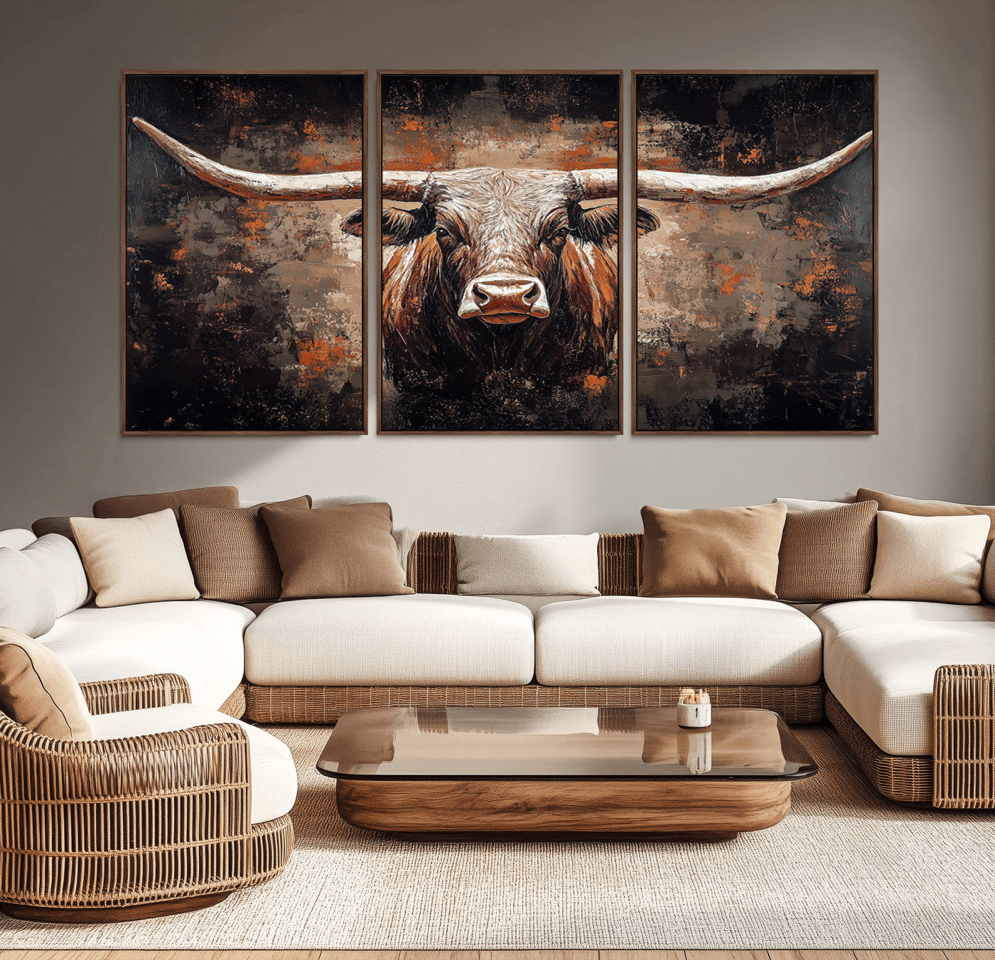 -Rustic Longhorn Bull Wall Art Canvas Print – Vintage Western Cattle Scene, Texas Steer Artwork for Home, Office