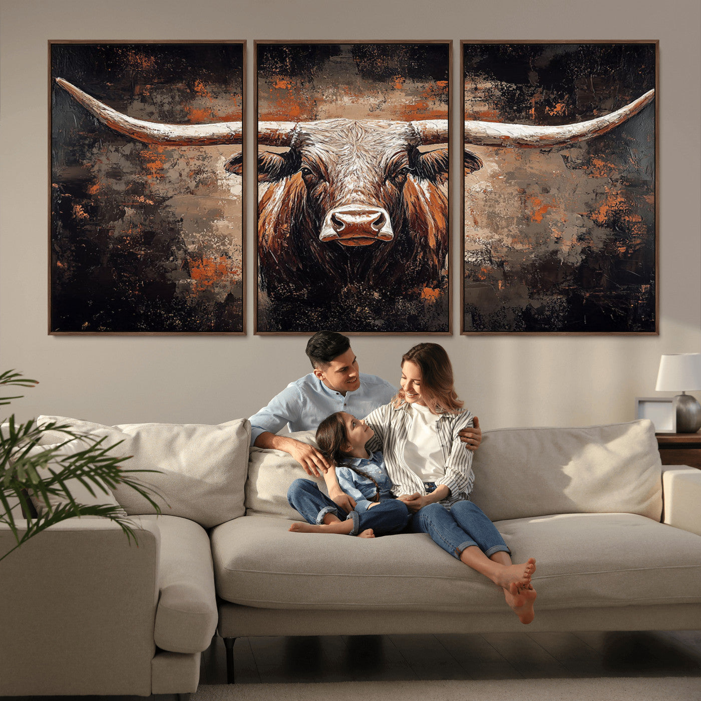 Rustic Longhorn Bull Wall Art Canvas Print – Vintage Western Cattle Painting, Texas Steer Artwork for Ranch, Farmhouse or Cowboy Decor
