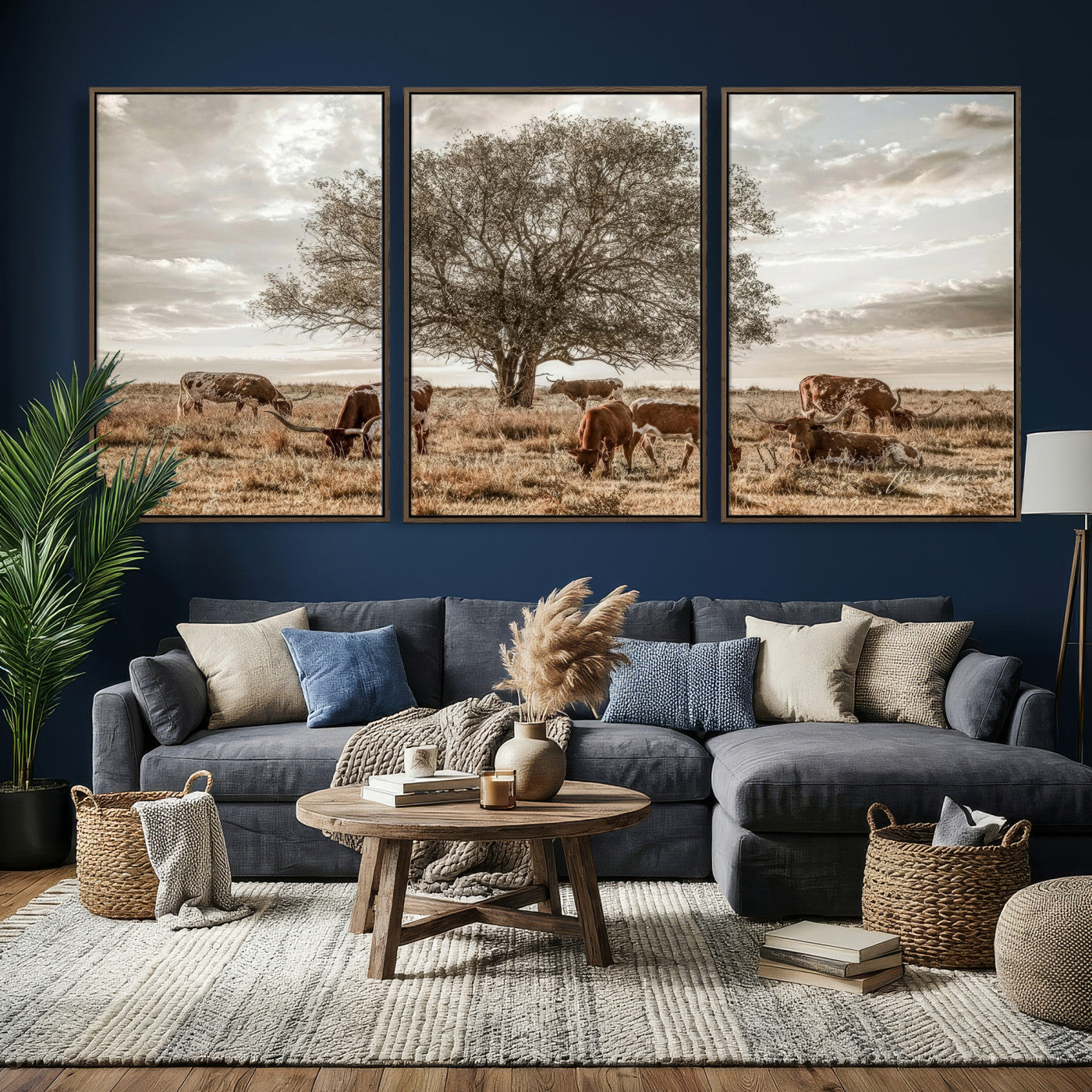 87590224-MGV-CV-36X24 - Texas Longhorn Cattle Wall Art Canvas Print – Rustic Western Ranch Scene with Steers at Sunset, Perfect for Farmhouse or Cowboy Decor