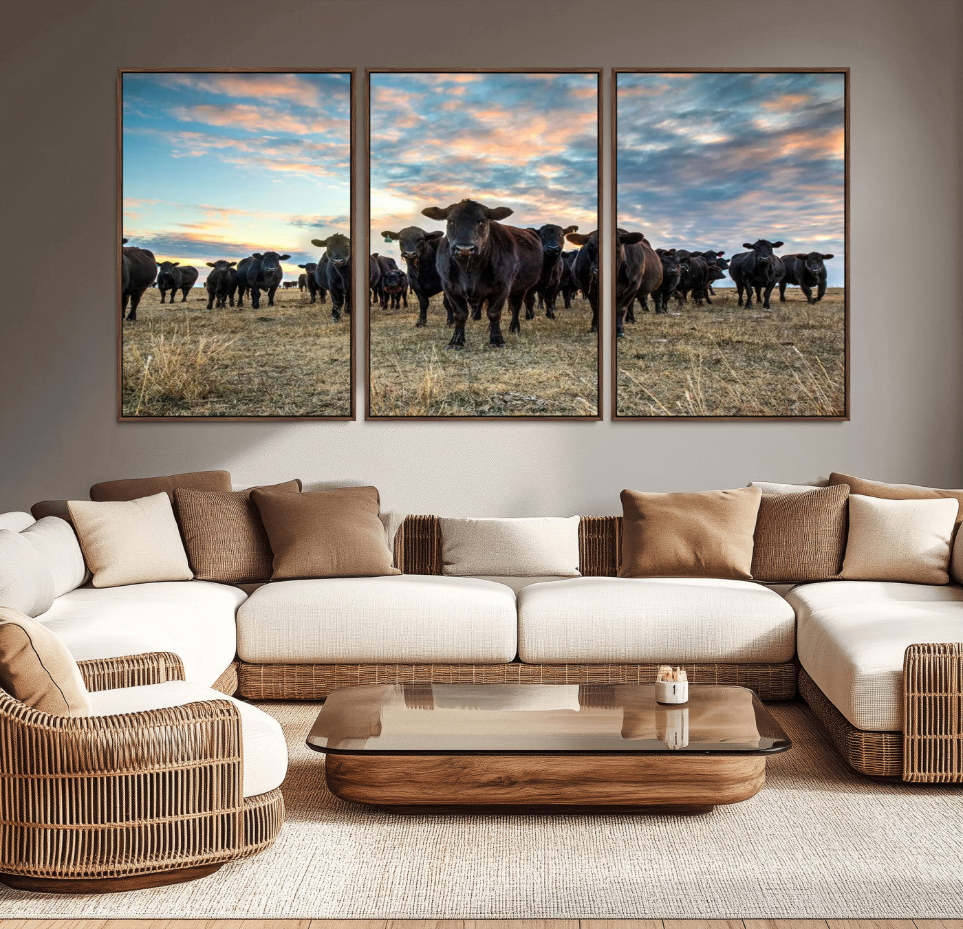 13867292-MGV-CV-36X24-Texas Longhorn Cattle Wall Art Canvas Print – Rustic Western Ranch Scene with Steers Sunset for Home, Office