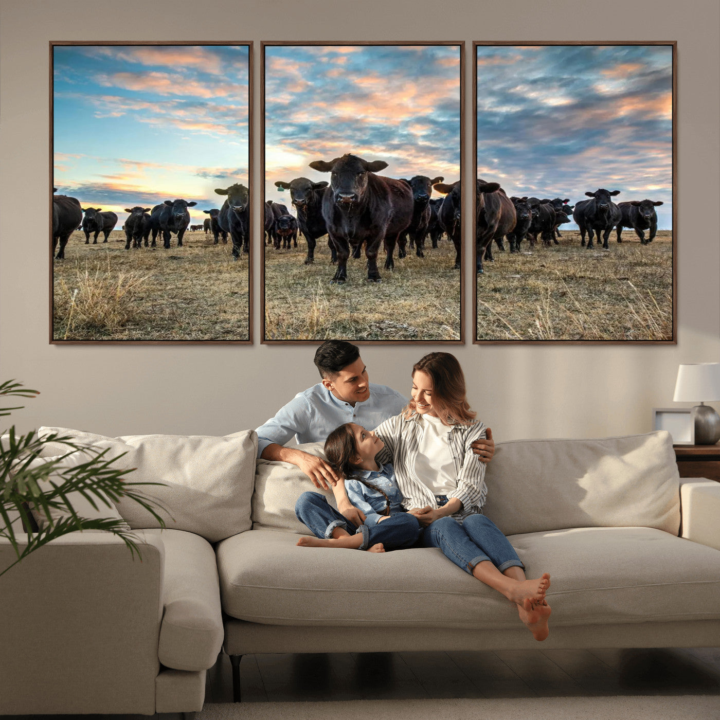 MGV-FC-60X30-3P - Texas Longhorn Cattle Wall Art Canvas Print – Rustic Western Ranch Scene with Steers at Sunset,