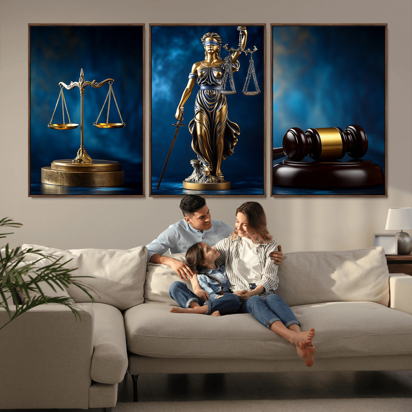 MGV-FC-60X30-3P - Lady Justice Wall Art Canvas Print – Elegant Gold Legal Symbols on Blue Background, Perfect for Law