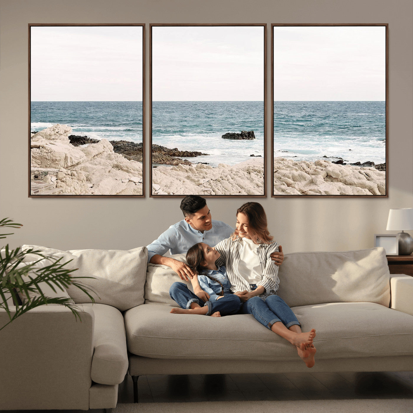 Coastal Ocean View Wall Art Canvas Print – Serene Rocky Shoreline and Blue Sea Photography for Coastal Chic or Minimalist Home Decor