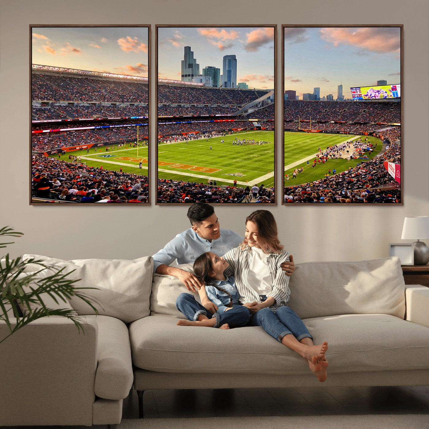 55377093-MGV-FC-60X30-3P_Walnut-Chicago Bears Soldiers Field Wall Art Canvas Print – Framed Football Stadium Artwork for Sports Fans, Soldier Field Skyline Canvas Decor for Game Room or Man Cave