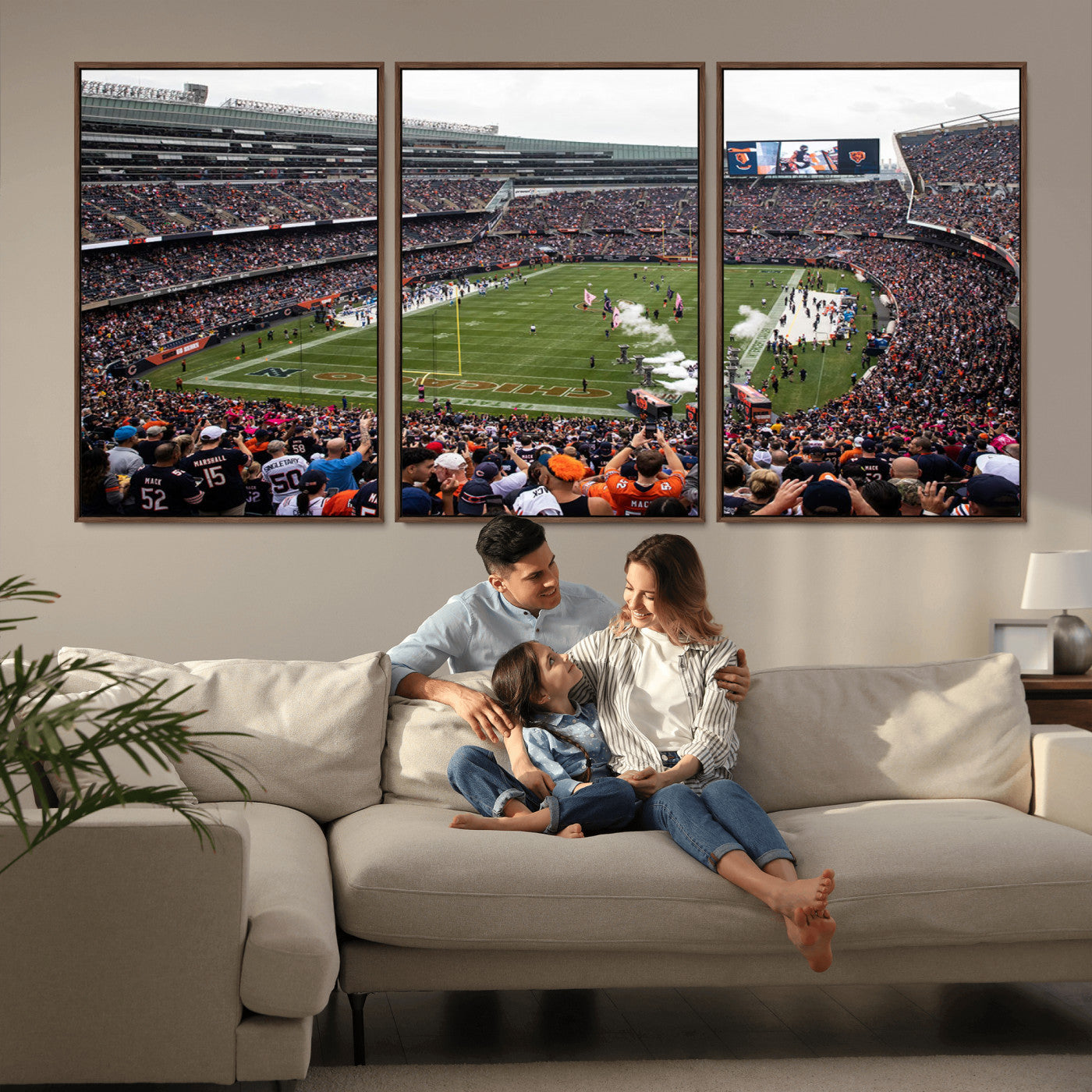 18347149-MGV-FC-60X30-3P_Walnut-Chicago Bears Soldiers Field Wall Art Canvas Print – Framed Football Stadium Artwork for Sports Fans, Soldier Field Skyline Canvas Decor for Game Room