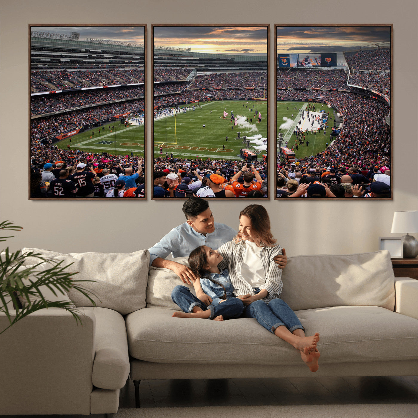 87578930-MGV-FC-60X30-3P_Walnut-Chicago Bears Soldiers Field Wall Art Canvas Print – Framed Football Stadium Artwork for Sports Fans, Soldier Field Skyline Canvas Decor for Game Room or Man Cave