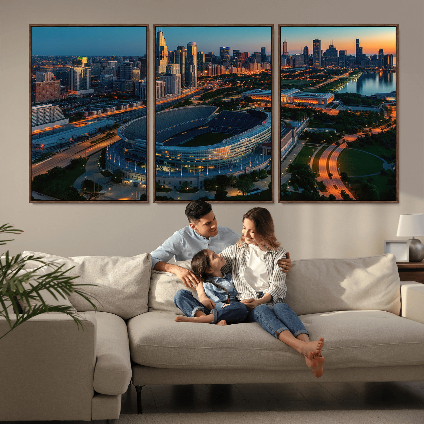 36690345-MGV-FC-60X30-3P_Walnut-Chicago Bears Soldiers Field Wall Art Canvas Print – Framed Football Stadium Artwork for Sports Fans, Soldier Field Skyline Canvas Decor for Game Room or Man Cave