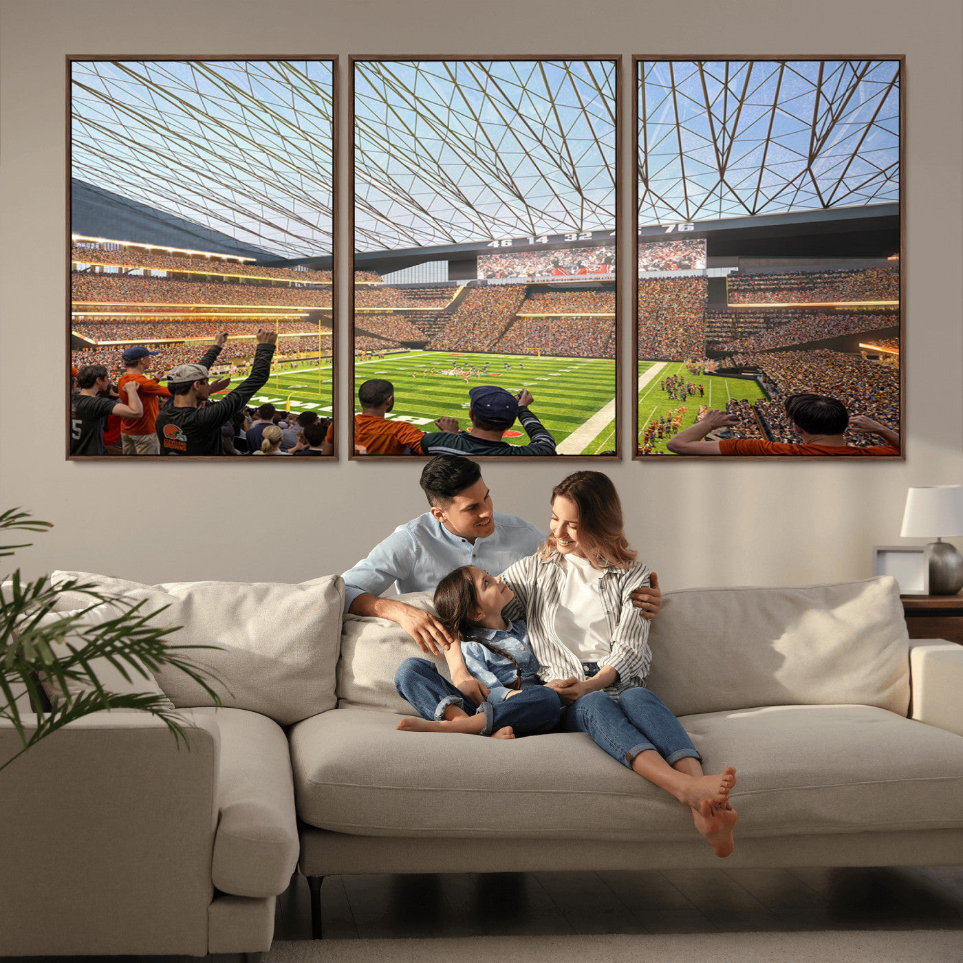81960112-MGV-FC-60X30-3P_Walnut-Cleveland Browns Stadium Wall Art Canvas Print – Framed Football Artwork Featuring Cleveland Skyline and Browns Stadium, Perfect for Man Cave or Game Room Decor