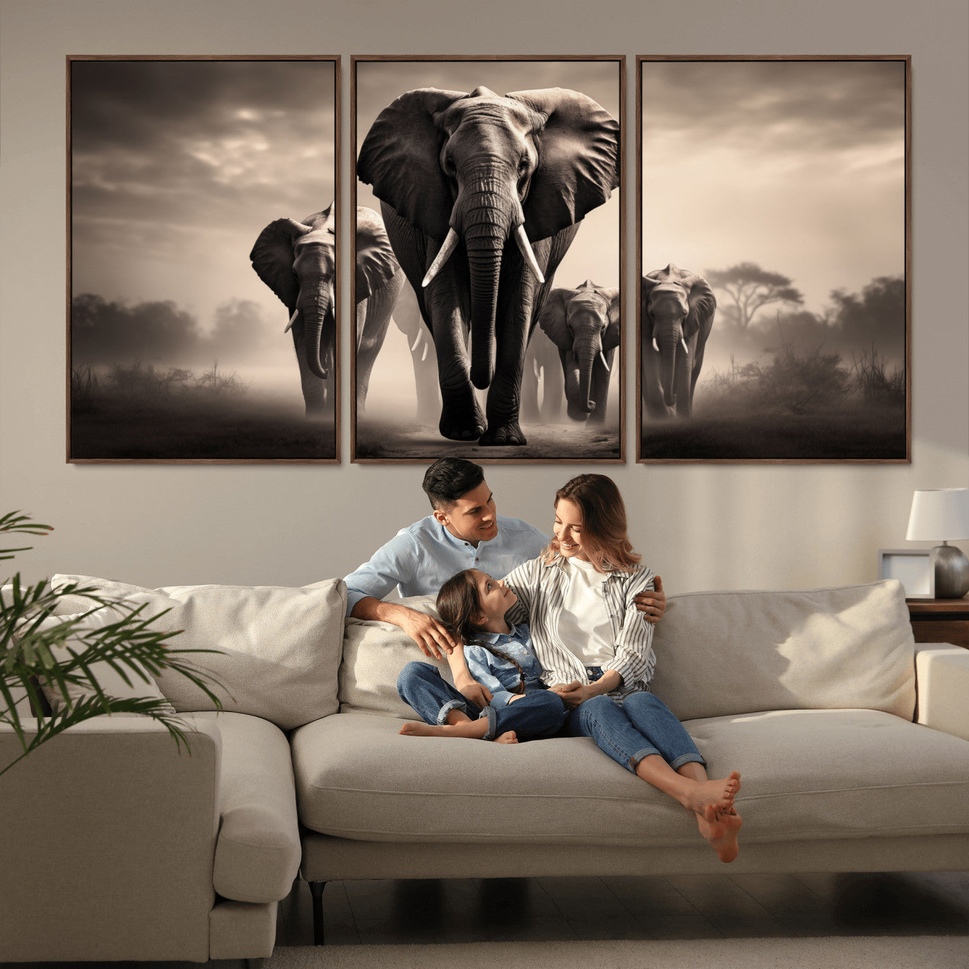 MGV-FC-60X30-3P - Elephant Family Wall Art Canvas Print, Framed Elephant Wall Art Home Decor
