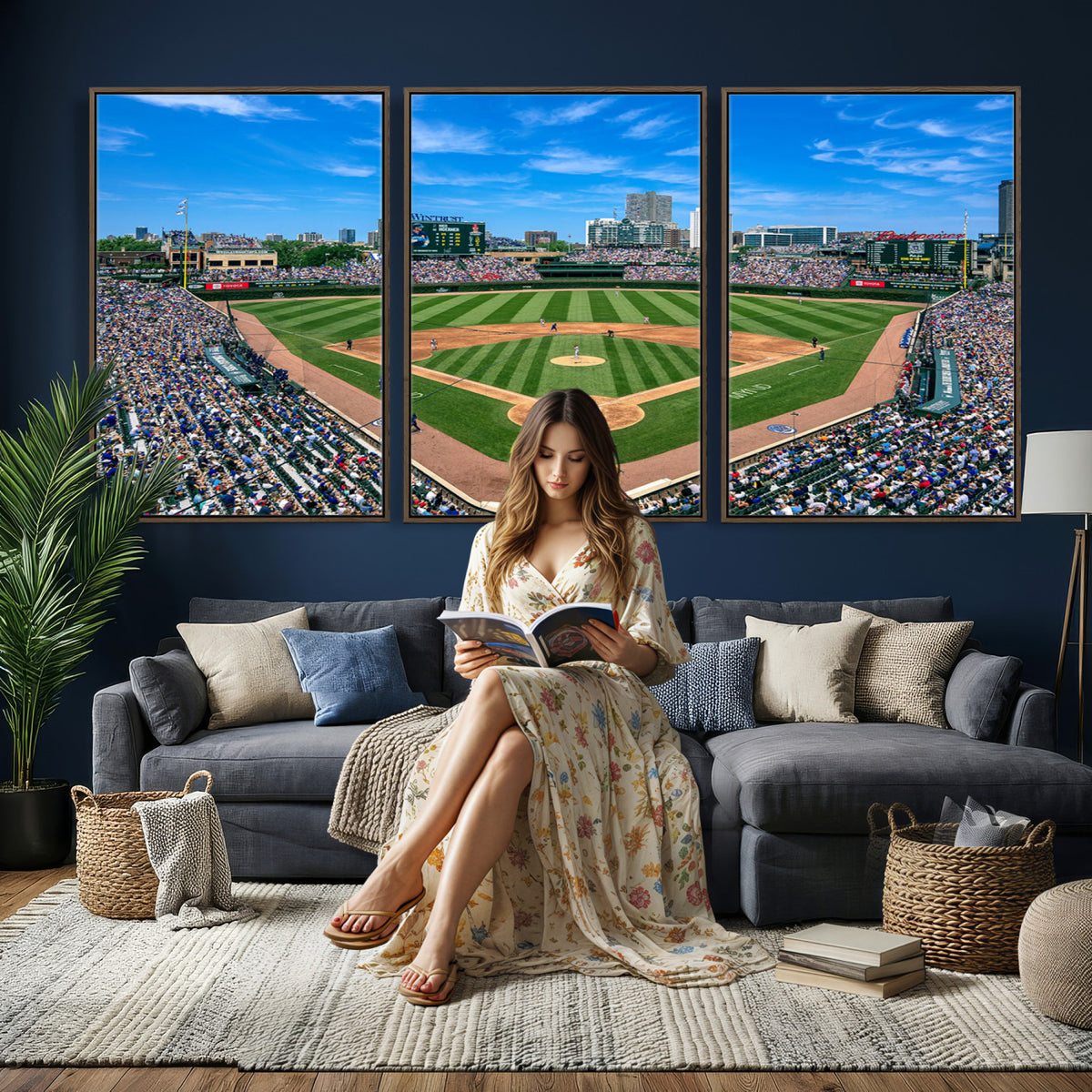35800083-MGV-CV-36X24 - Wrigley Field Baseball Stadium Canvas Wall Art – Packed Crowd Sports Stadium City Skyline Artwork for Home Office