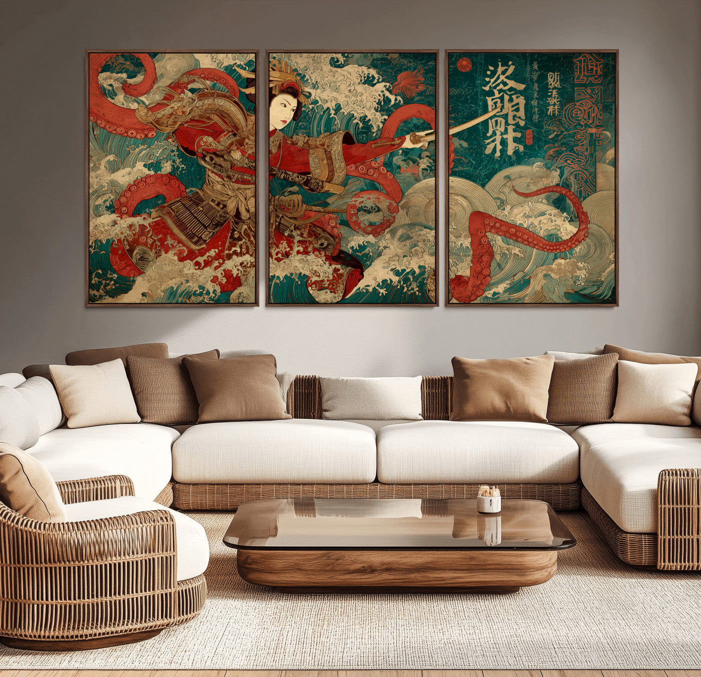 MGV-FC-60X30-3P - Tsukioka Yoshitoshi Samurai Wall Art Print, Japanese Katana Warrior Canvas Wall Art, Octopus Sea Monster Canvas Print,