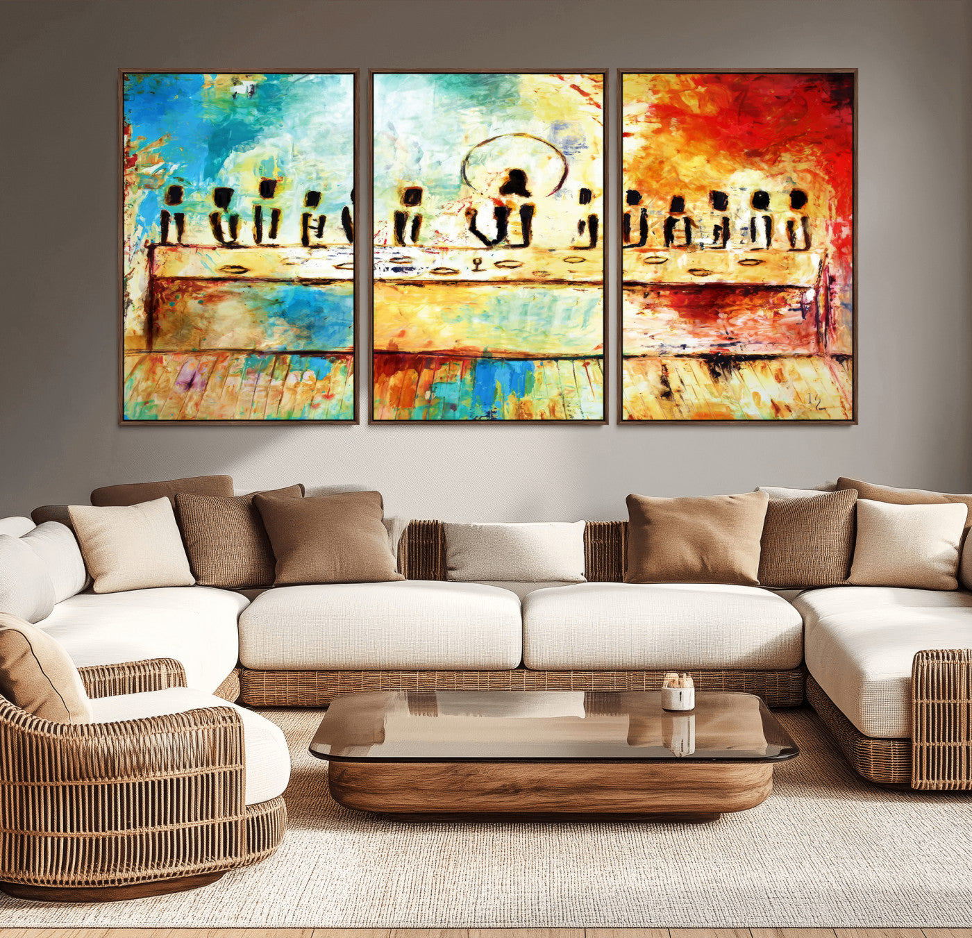 YKE34632598CR-MGV-CV-36X24-Abstract Last Supper Wall Art Canvas Print – Apostles Gathering Modern Spiritual Colorful Artwork for home, office