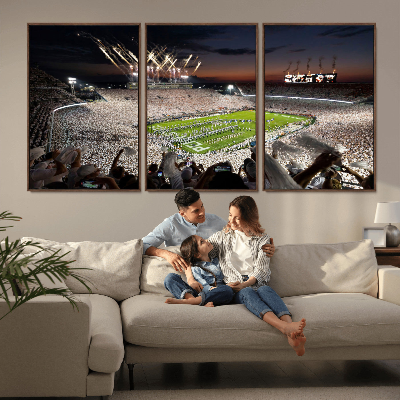 Penn State Stadium Wall Art Print, White Out Football Game Canvas Wall Art, Framed Sports Stadium, Large College Football Canvas Print for Game Room - Man Cave + 555