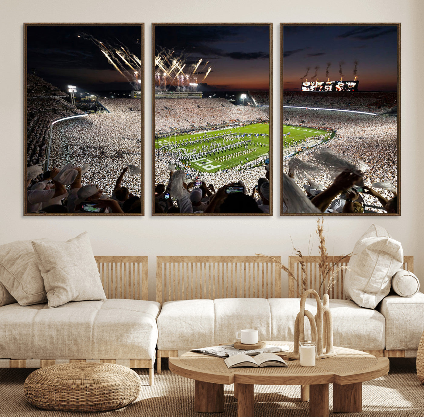11221988-MGV-FC-60X30-3P - Epic Night Football Stadium Wall Art Canvas Print, Fireworks and Crowd Energy Game Day Excitement Decor for Home, Office