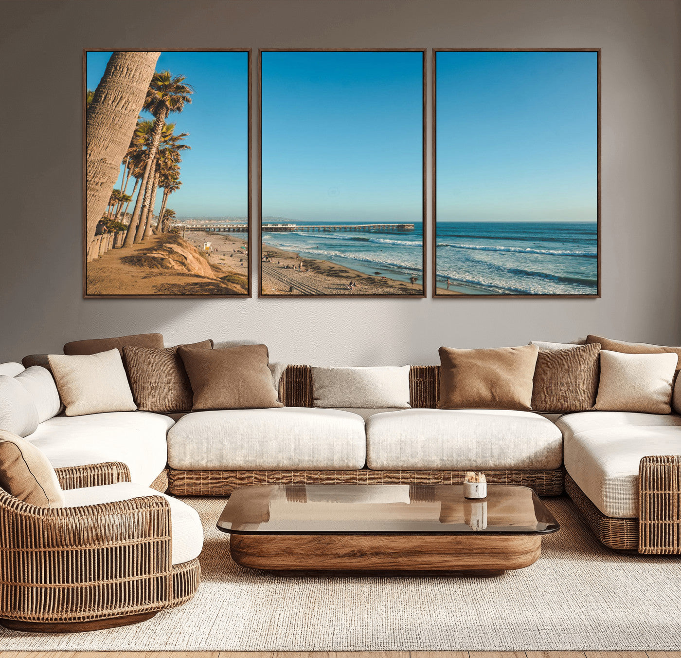 92568259-MGV-CV-36X24-Scenic Beach Wall Art Canvas Print – Tall Palm Trees, Sandy Shore, Long Pier Stretching into Calm Ocean Artwork for Home, Office