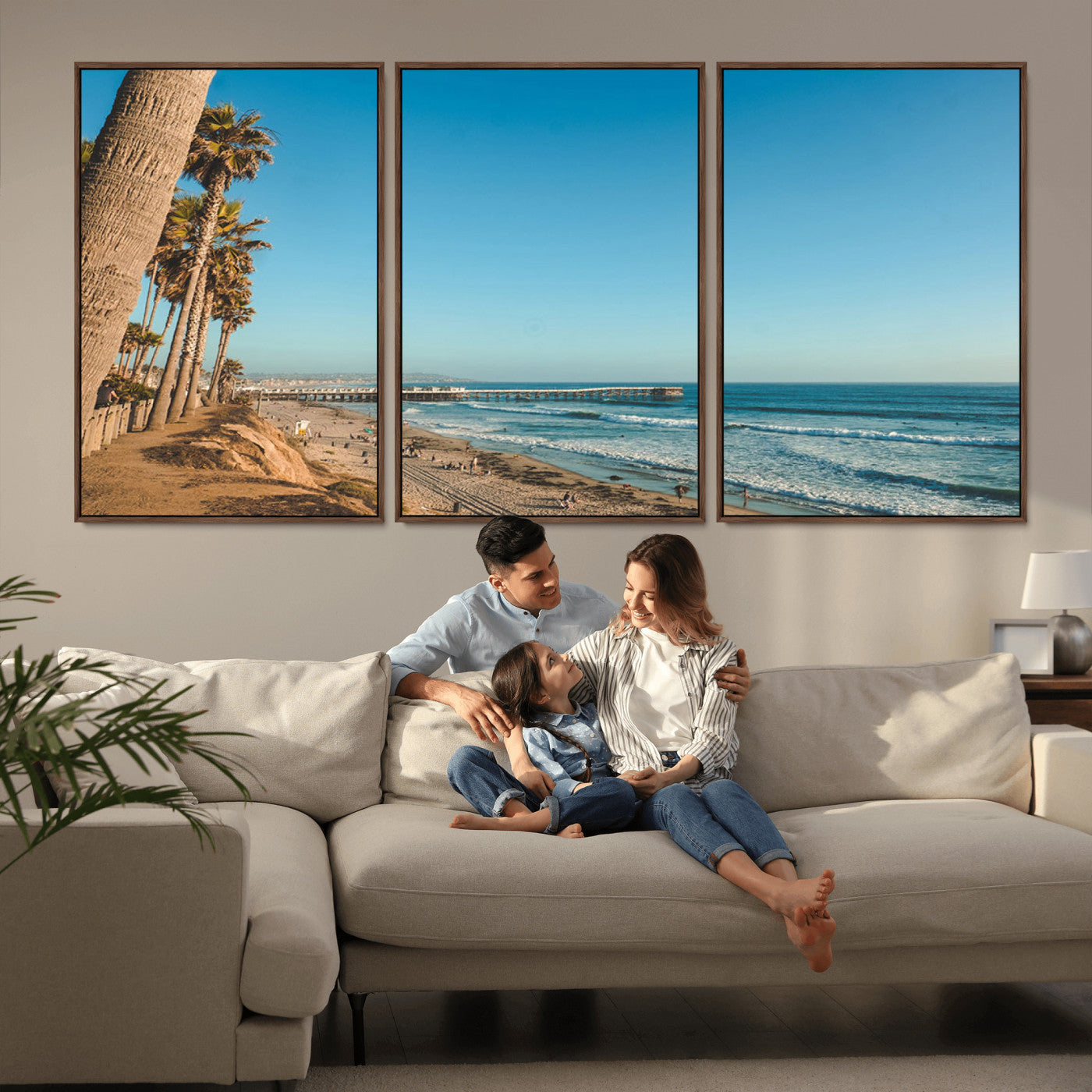 MGV-FC-60X30-3P - Scenic Beach with Tall Palm Trees, Sandy Shore, and Long Pier Stretching into the Calm Ocean Under