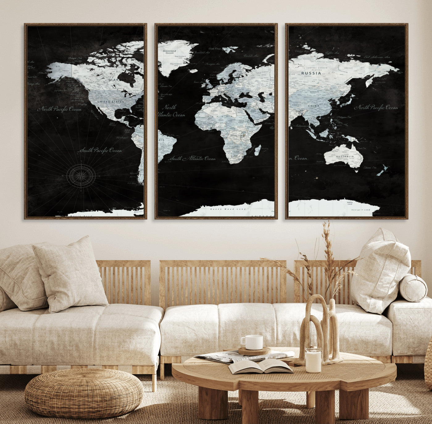 30759283-MGV-FC-60X30-3P - World Map Wall Art Canvas Print, Modern Decorative Framed Map Artwork Prints for Living Room, Office, Bedroom Wall Decor
