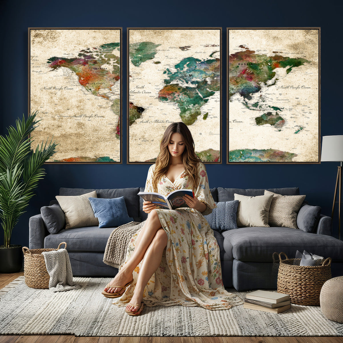87544591-MGV-CV-36X24 - World Map Wall Art Canvas Print, Modern Decorative Framed Map Artwork Prints for Living Room, Office, Bedroom Wall Decor