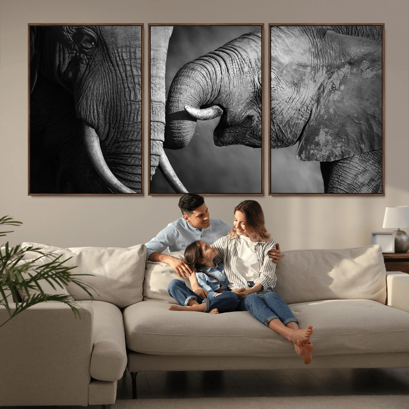 42691-MGV-FC-60X30-3P_Walnut-Elephant Family Wall Art Canvas, Framed Elephant Family Canvas Print