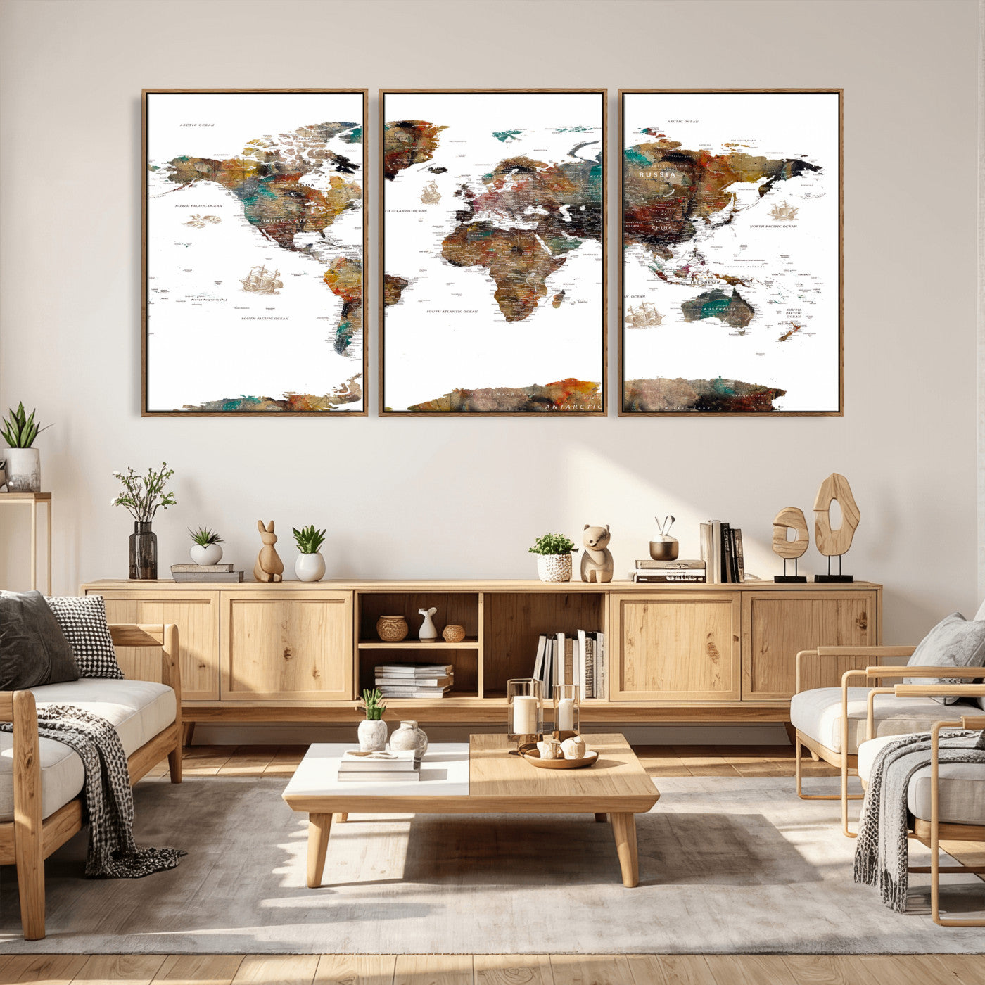 82293175-MGV-CV-36X24 - World Map Wall Art Canvas Print, Modern Decorative Framed Map Artwork Prints for Living Room, Office, Bedroom Wall Decor