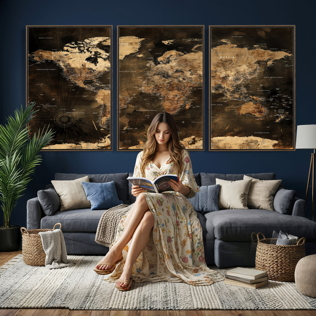 97742922-MGV-CV-36X24 - World Map Canvas Print, Modern Decorative Framed Map Artwork