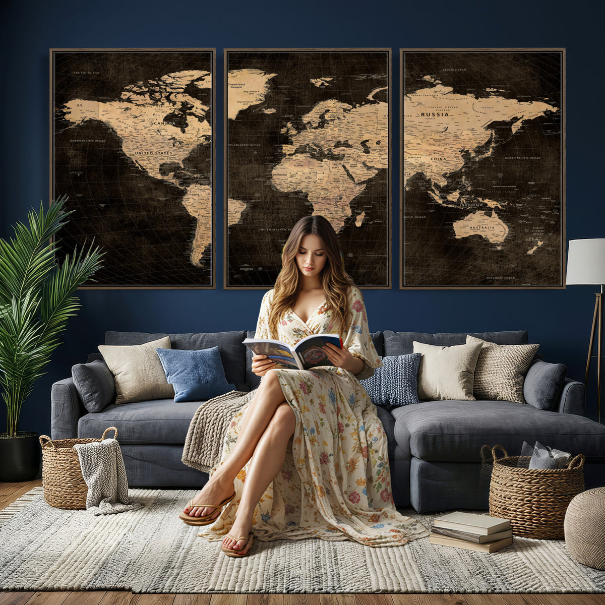 15118265-MGV-CV-36X24 - Brown World Map Canvas Print | Modern Travel Map Wall Art