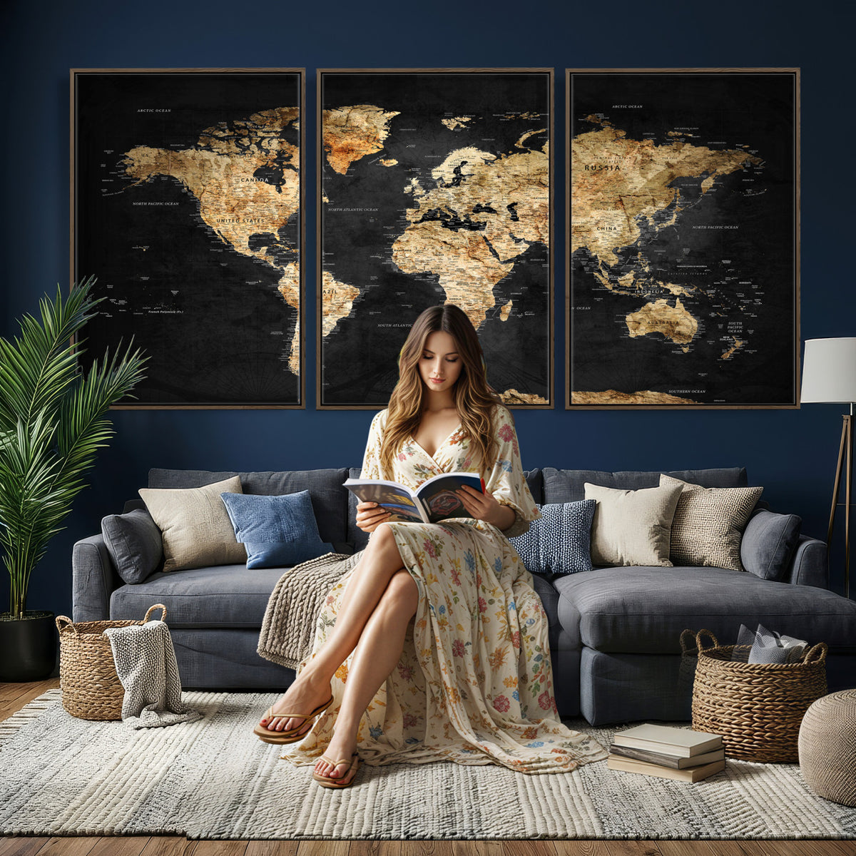 23568589-MGV-CV-36X24 - World Map Wall Art Canvas Print, Modern Decorative Framed Map Artwork Prints for Living Room, Office, Bedroom Wall Decor