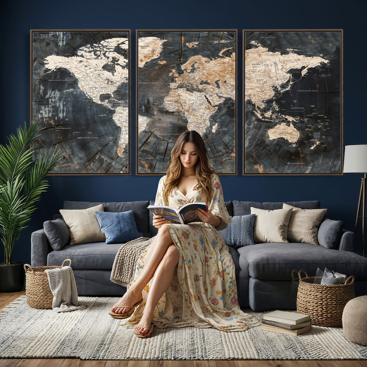 89162112-MGV-CV-36X24 - World Map Wall Art Canvas Print, Modern Decorative Framed Map Artwork Prints for Living Room, Office, Bedroom Wall Decor